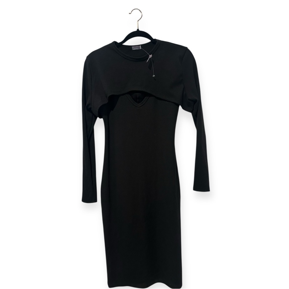 NWT Free People Black 2 piece ribbed dress set long sleeve midi layered sz med